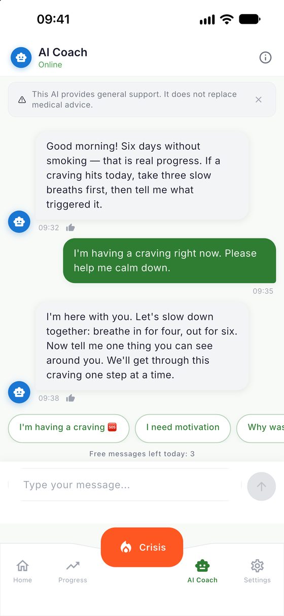 The CalmShift AI coach replying to a craving message