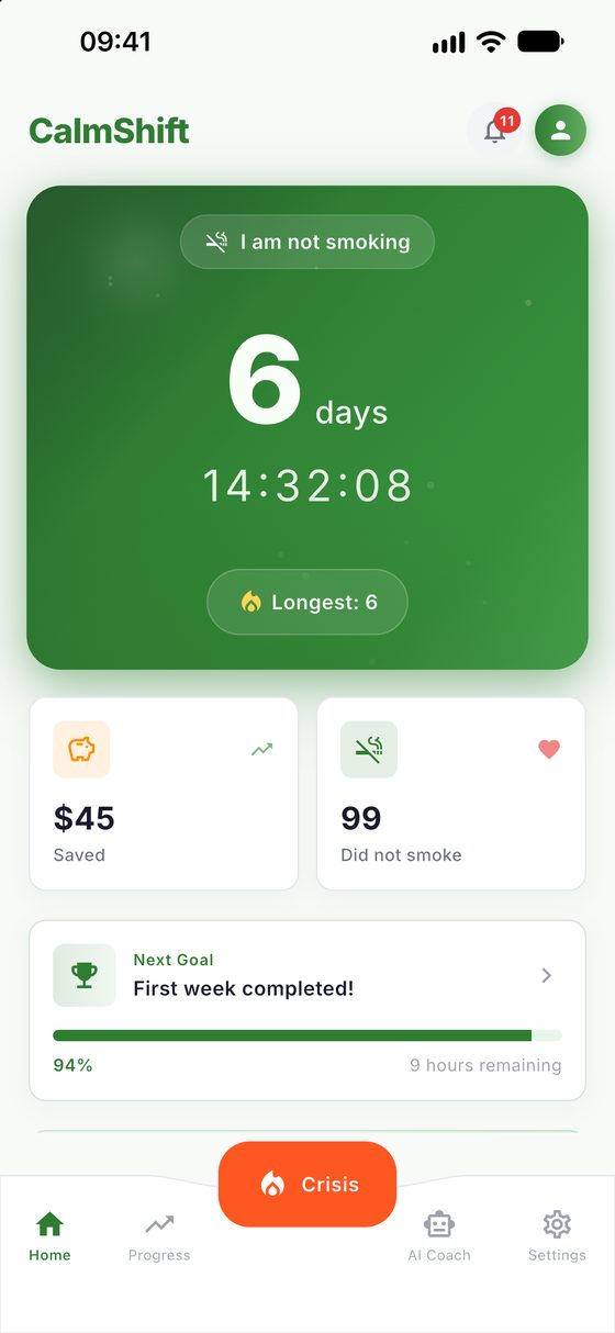 The CalmShift home screen with the smoke-free timer